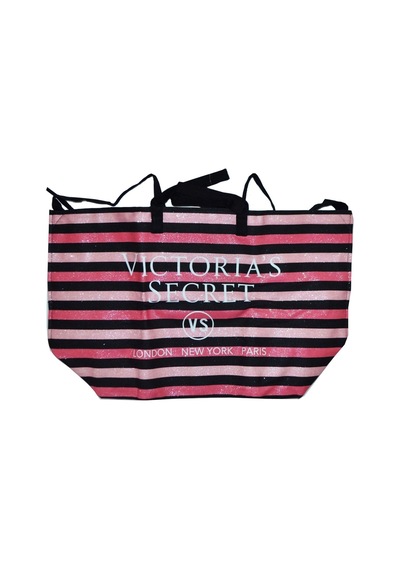 Victoria's Secret Vs Simli Siyah Pembe Çizgili Askılı Duffle Carryall Tote Siyah
