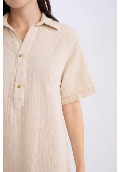 DeFacto Regular Fit Düğmeli Polo Yaka Basic Düz Müslin Kısa Kollu Midi Elbise D5363AX24AUBG186 DeFacto Regular Fit Düğmeli Polo Yaka Basic Düz Müslin Kısa Kollu Midi Elbise D5363AX24AUBG186
