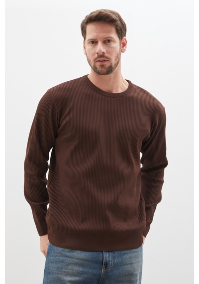 Fullamoda Waffle Dokulu Bisiklet Yaka Regular Fit Triko Kazak Kahve