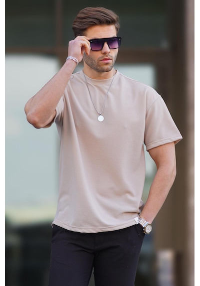Madmext Bej Basic Oversize Erkek Tişört 7010-bej Bej