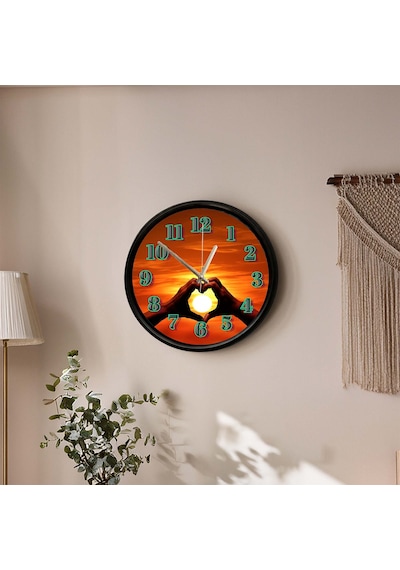 Kalp Ve Gün Batımı Tasarımlı Dekoratif Duvar Saati 28 Cm Sessiz Mekanizma Çok Renkli