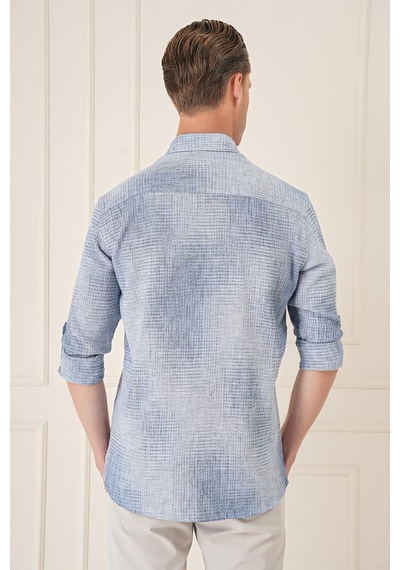 Efor Comfort Fit Batik Desen %100 Keten Mavi Gömlek G 1571 Mavi
