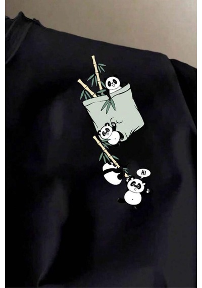Bambu Panda Grafikli Cep Detaylı Kısa Kollu Oversize Unisex Bisiklet Yaka Tişört SIYAH
