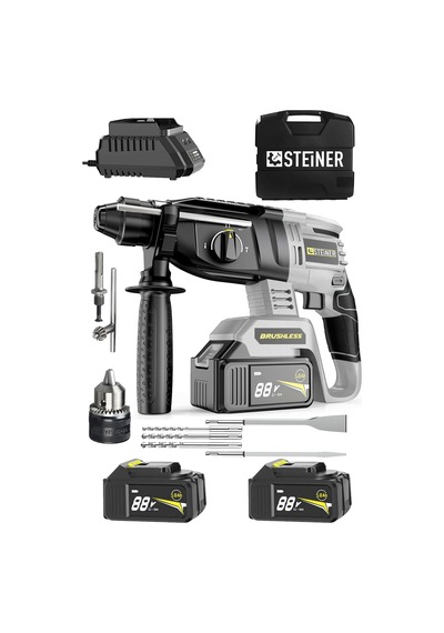Steiner 88V 5Ah Çift Akülü Darbeli Kırıcı Delici Matkap Gri + Mandren + 5 Parça Uç