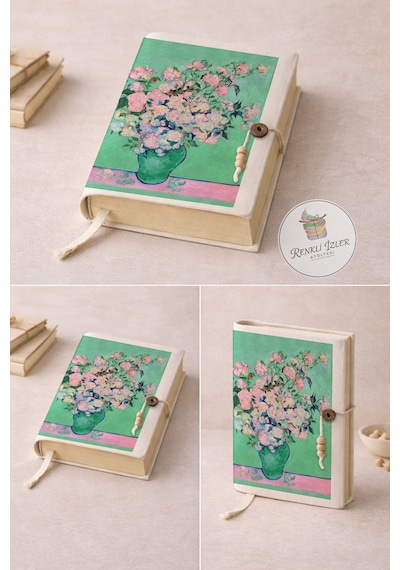 Kitap Kılıfı Ve Metal Kitap Ayracı Seti Van Gogh Pembe Güllü Vazo