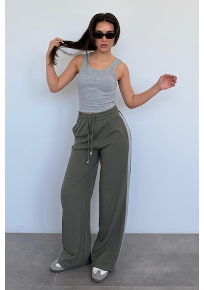 Madmext Haki Şerit Detaylı Bol Paça Kadın Pantolon Mg2441 Haki