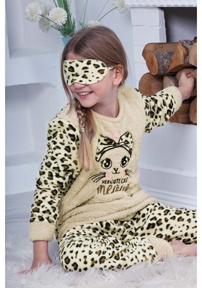 Kız Çocuk Leopar Desenli Göz Bantlı Peluş Polar Pijama Takımı Ekru