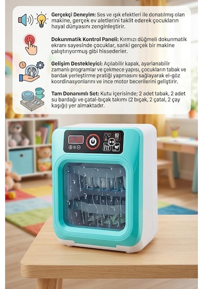 Pilli Işıklı Sesli 11 Parçalı Aparatlı Eğitici Evcilik Oyuncak Bulaşık Makinesi