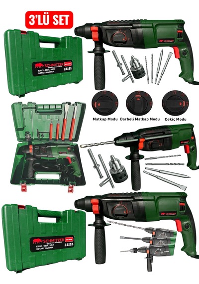 Schmıtzer 3'lü Set Sch-2603y Pro 850 W Sds Plus Metal Şanzuman Profesyonel Darbeli Matkap Kırıcı Delici 26mm Hilti