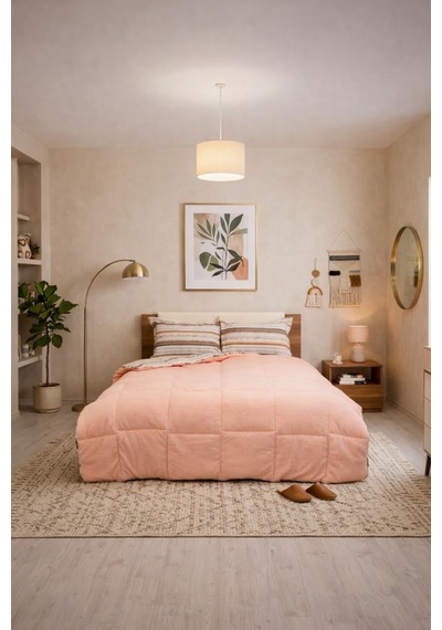 Sherpa Peluş Çift Kişilik Lastikli Çarşaflı Comforter Set Pudra