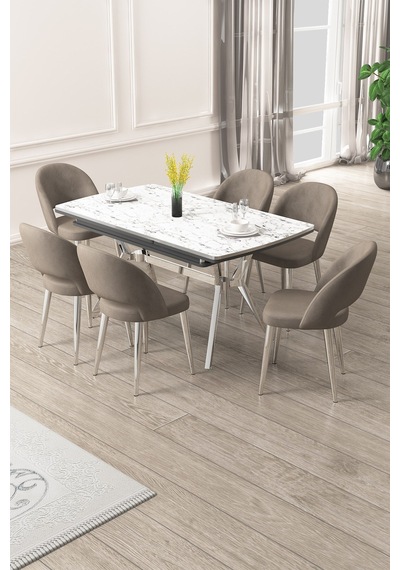 Canisa Weps Serisi 89x150 Açılabilir Lak Panel Beyaz Mermer Krom Ayak Masa Takımı Ve 6 Cappucino Sandalye Beyaz Mermer Desen Masa Cappucino Sandalye Canisa Weps Serisi 89x150 Açılabilir Lak Panel Beyaz Mermer Krom Ayak Masa Takımı Ve 6 Cappucino Sandalye Beyaz Mermer Desen Masa Cappucino Sandalye