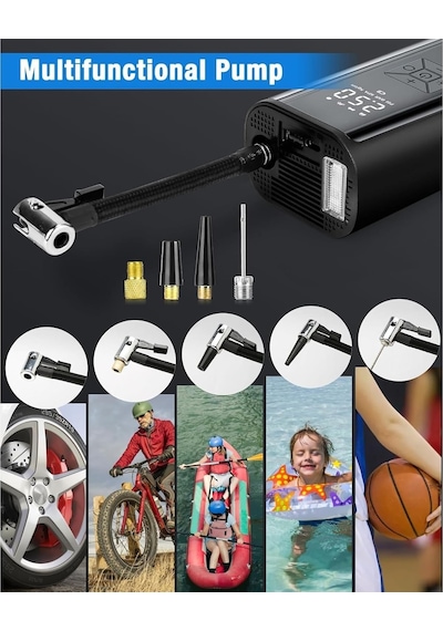 Tr Şarjlı Lastik Şişirme Hava Kompresörü, 150 Psı Dijital Lcd Ekranlı, 6000 Mah Bataryalı, Powerbank Özellikli, Genel