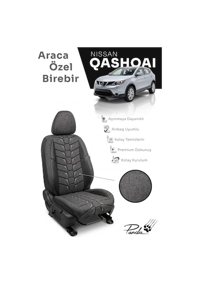 Füme - Gri Panda Nissan Qashqai 2014 - 2020 Arası Uyumlu Araca Özel Keten Oto Koltuk Kılıfı