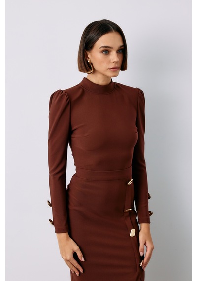 Sateen Düğme Detaylı Crop Bluz - Kahve-133634 Kahve