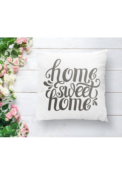 Gri Home Sweet Home Modern Baskılı Yastık Kırlent Kılıfı