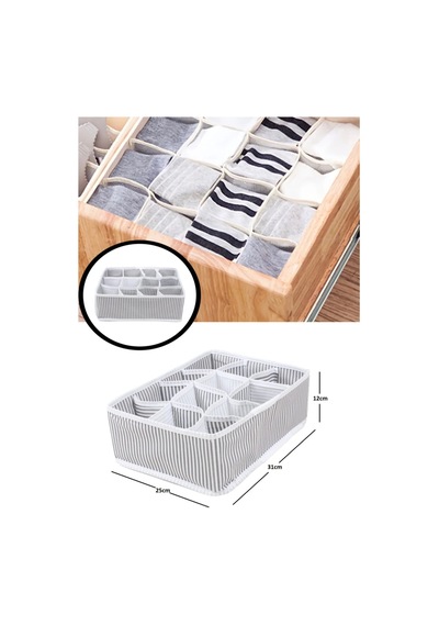 12 Bölmeli Organizer Çekmece Içi Düzenleyenci Gri Çizgili Kumaş Beyaz Diğer