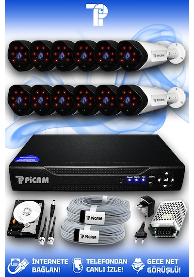 Picam 12 Kameralı Uzay 12 Dış Kamera Set 1 TB HDD Full HD Gece Görüşlü Güvenlik Kamerası Sistemi