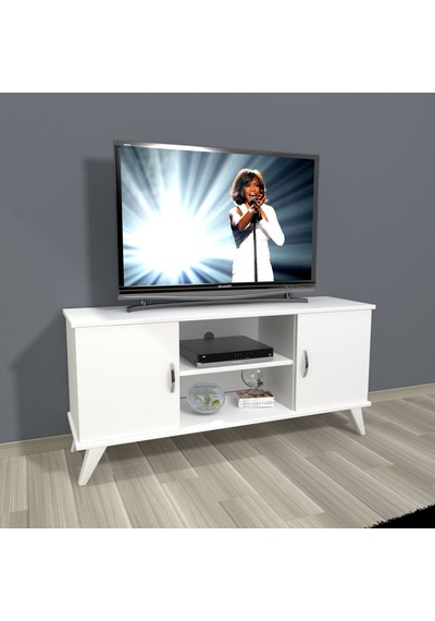 Decoraktiv Eko 120 Mdf Retro Tv Ünitesi Tv Sehpası - Parlak Beyaz Ceviz - Siyah