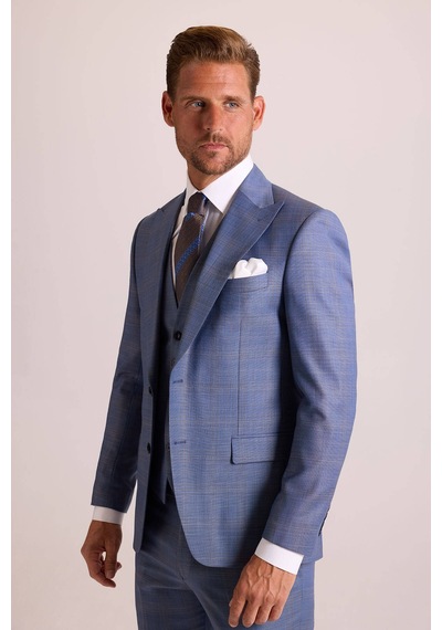 Erkek Mavi Slim Fit Sivri Yaka Yelekli Yün Takım Elbise