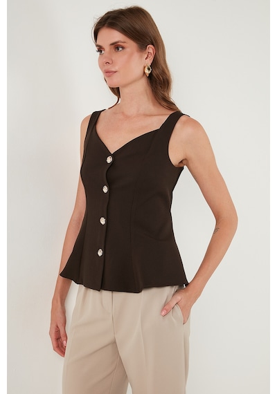 Lela Fitted Fit V Yaka Düğmeli Bayan Yelek 611Fyl145 Kahve