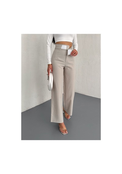 Gugus Kadın Cepsiz Dokuma Kumaş Pantolon Beli Cırtlı Bol Paça Wide Leg Model Ekru