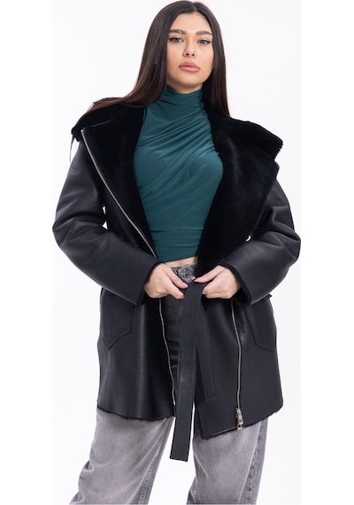 M M Marki Marki Kadın Siyah Hakiki Deri Kaban İçi Kürklü Kapüşonlu Kemerli Fermuarlı 80 Cm - 121422