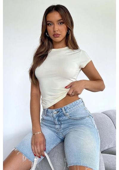 Seeh Ekru Kadın Basic Slim Fit T-shirt Sh272