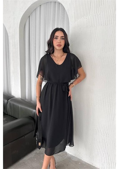 Dipmoda Kadın Kuşaklı Midi Boy Şifon Elbise Dpnbk4116 Siyah