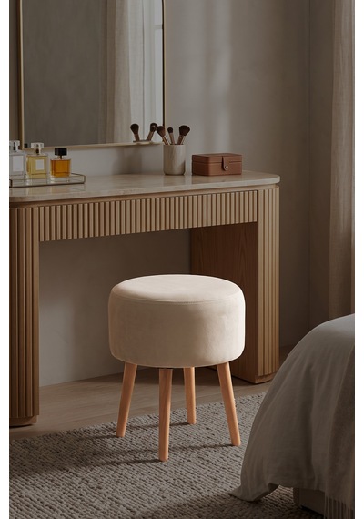 Modern Ahşap Ayaklı Dekoratif Puf, Tabure 6096 Krem