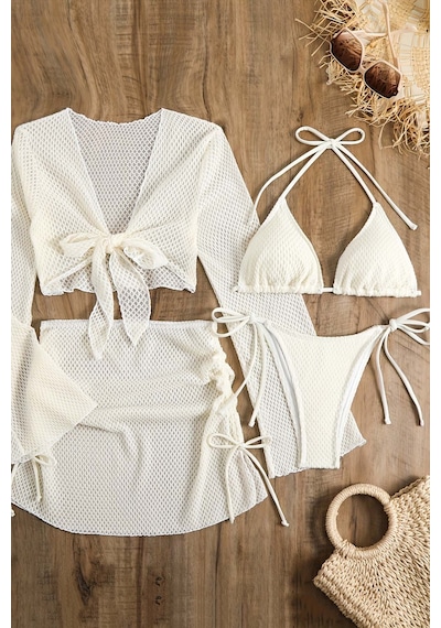 Angelsin Bağlamalı Alt Üst Pareo Üçgen 4'lü Brezilya Bikini Takım Set Çıkartılabilir Kaplı Beyaz
