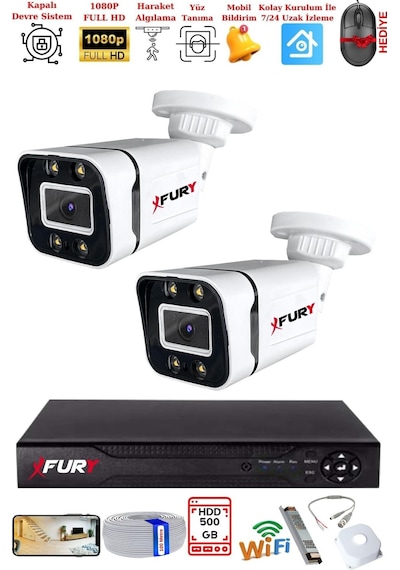 Fury 2 Kameralı 1080p Görüntü Gece Renkli Full Hd 4 X Ultra Led Gece Renkli Güvenlik Kamerası Seti 500gb
