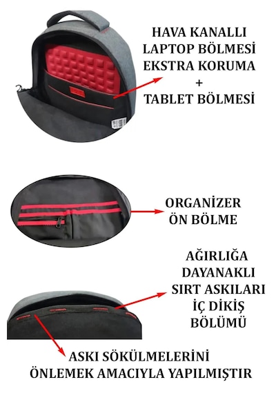 Çantachım Laptop Sırt Çantası 15,6" İnç Tablet Usb Bölmeli Siyah