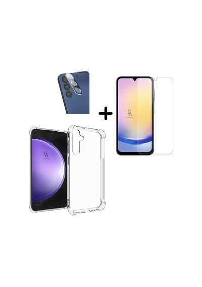 Samsung Galaxy A25 Uyumlu Kılıf Şeffaf Temperli Kırılmaz Cam Ekran Ve Kamera Lens Koruyucu Seti