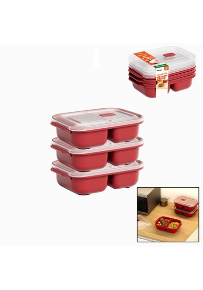 3 Pcs Kırmızı Bölme Dikdörtgen Saklama Kabı Seti 1200ml