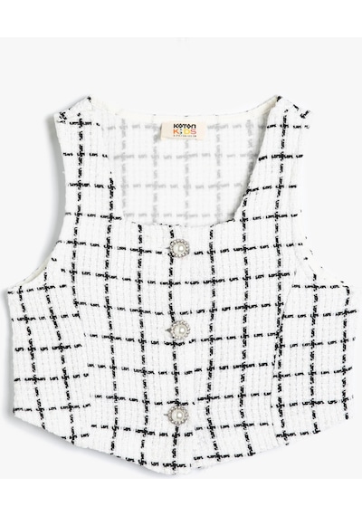 Koton Crop Tüvit Bluz Kolsuz İnci Düğme Detaylı Ekru Çizgili 4skg60112aw Ekru
