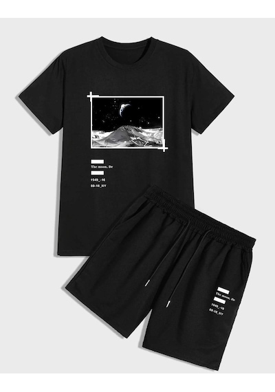 Moon T-shirt Şort - Siyah Alt Üst Kombin Şort Tişört Takım Baskılı Oversize Bisiklet Yaka Siyah
