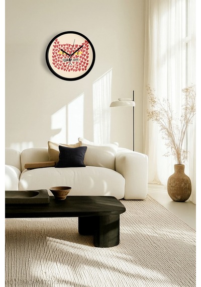 Sevimli Kedi Temalı Modern Duvar Saati - 25cm - Önü Camlı Siyah Kasa - Sessiz Mekanizma-jh0011 Siyah