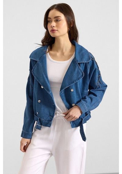 Olcay Kolu Boncuk İşlemeli Astarsız Denim Ceket Mavi 8283