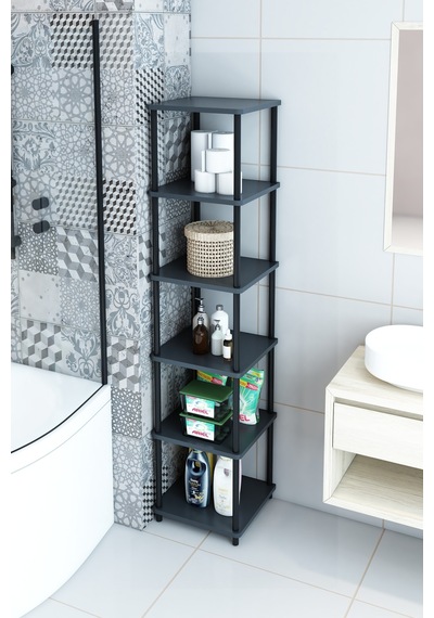 6 Raflı Kare Banyo Dolabı Havluluk Banyo Kileri Banyo Düzenleyici, Kolay Kurulum, Şık Ve Fonksiyonel Antrasit