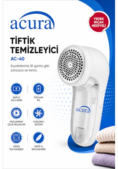 Acura Ac-40 6 Bıçaklı Şarjlı Tüy Ve Tiftik Temizleyici Beyaz