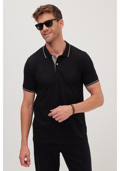 Tudors Erkek Slim Fit Dar Kesim %100 Pamuk Yumuşak Dokulu Serin Tutan Kumaş Düz Pike Siyah Polo Yaka Tişört-42246 Siyah
