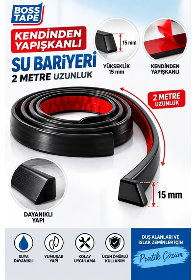 Kendinden Yapışkanlı Su Bariyeri Siyah 2 Metre 15 Mm Esnek Duşakabin Su Tutucu Bant Su Bariyeri