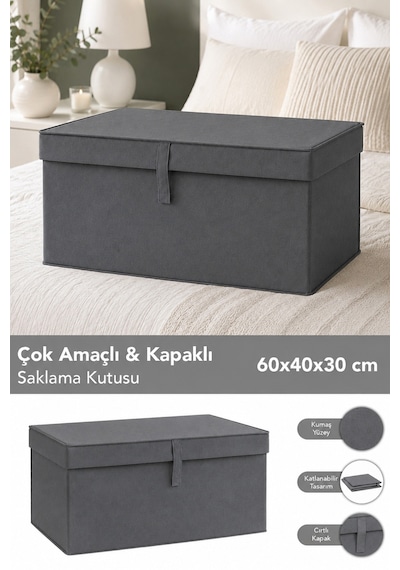 Mega Boy Hurç - Çok Amaçlı Organizer Kapaklı Saklama Kutusu 60x40x30cm Antrasit