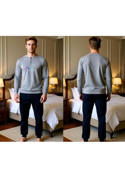 Bonbon Erkek Pamuklu Gri Melanj - Lacivert Renk Pijama Takımı Al009 Gri Melanj