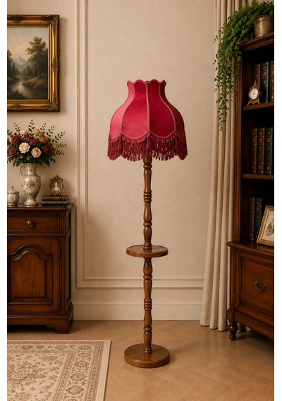 Bordo Kadife Kaplı Püsküllü Başlık Doğal Ahşap Sehpalı Ayaklı Vintage Lambader 170x45cm