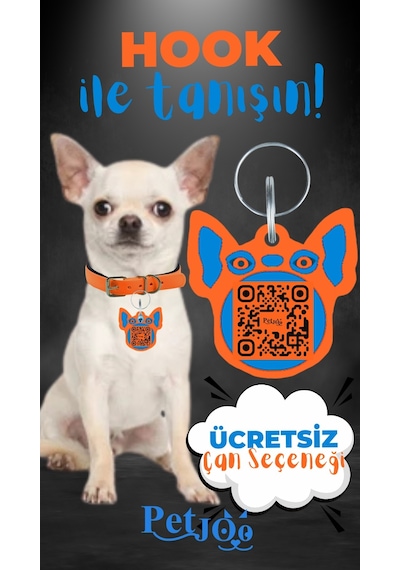 Petjoo 7.Hook Mavi-Turuncu Qr'lı Köpek Künyesi