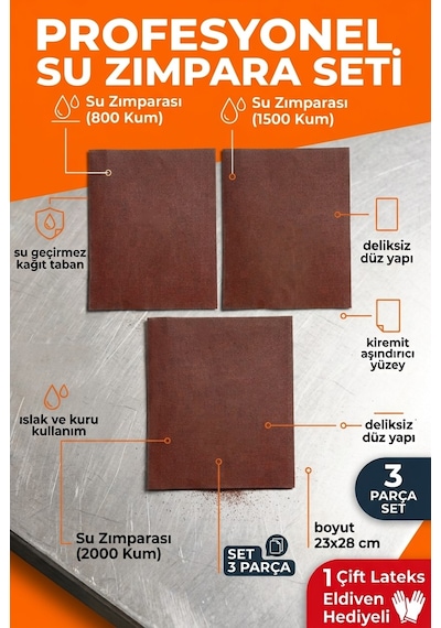 23x28 Cm Su Zımparası Seti 800 1500 2000 Kum 3 Parça Islak Kuru İnce Polisaj Zımparası + Eldiven