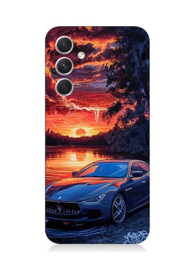 Samsung Galaxy A14 Uyumlu Spor Araba Ve Gün Batımı Desenli Silikon Kılıf