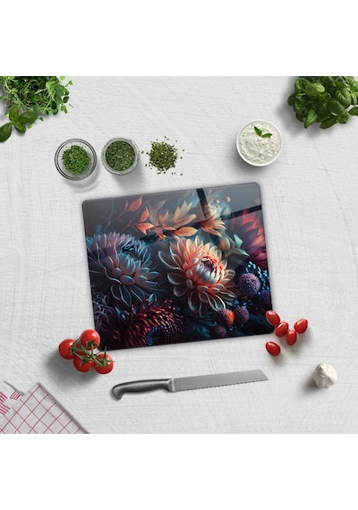 Cam Kesme Tablası - Cam Kesme Tahtası Dark Flowers 29cm X 34c