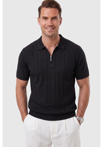 Rizzup Erkek Fermuarlı Siyah Polo Yaka Triko Tişört Regular Fit Rahat Kesim 2604360